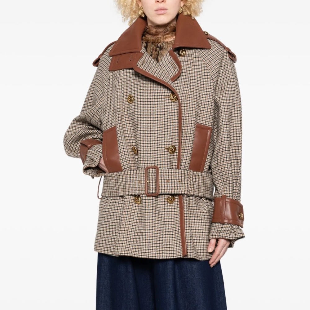 Zimmermann checked belted leather trimmed jacket